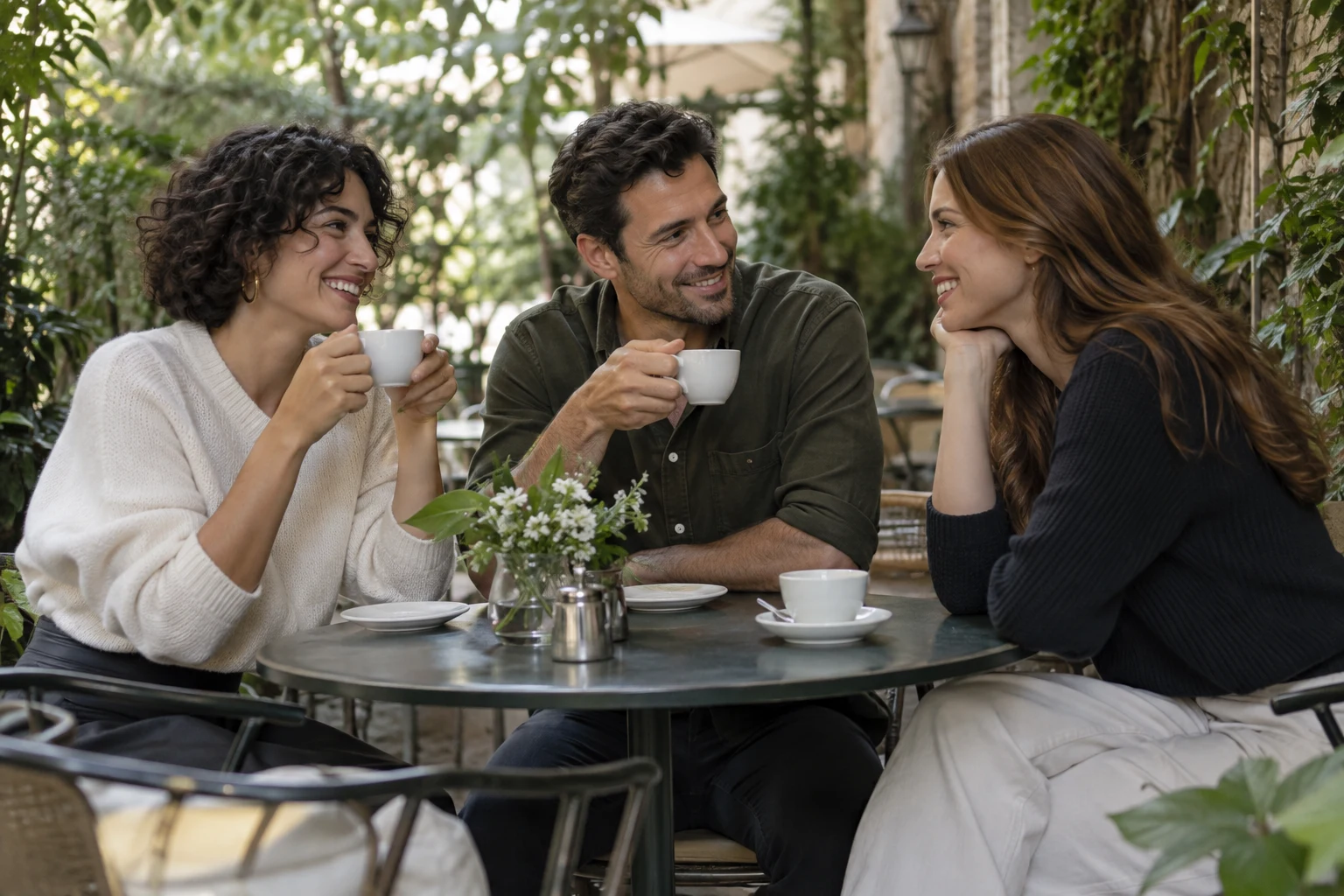 Two women and a man enjoying coffee together on a leafy terrace; AI-generated lifestyle image.